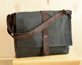 Messenger Bag for Men, Waxed Canvas Bag, Minimalist Laptop Satchel with Pockets, Professional Work Computer Bag - The Sloane in Hunter Green