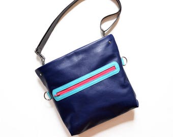 Blue Leather Small Crossbody Bag, Elegant Navy Blue Purse with Zip Pocket, Gift for Wife - The Abby Satchel in Royal Blue