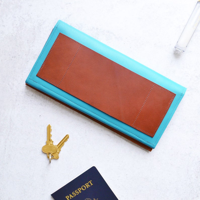 Leather Wallet Clutch Woman, Long Travel Wallet, Blue Passport Organizer with Phone Pocket, Unique Gift The Stella Wallet in Teal image 3