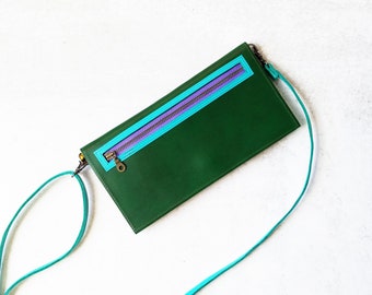 Green crossbody leather purse and wallet, phone and travel clutch bag, sleek, stylish and elegant - the Vera Bag in Emerald by Lolafalk