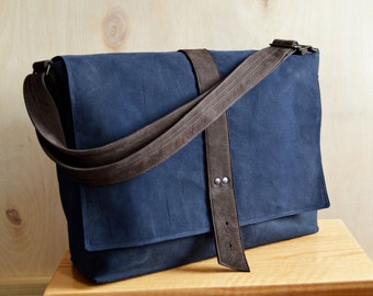 Messenger Bag Men, Waxed Canvas Bag, Field Bag, Laptop Crossbody Shoulder Satchel, Gift for Him - The Sloane Messenger in Navy Blue