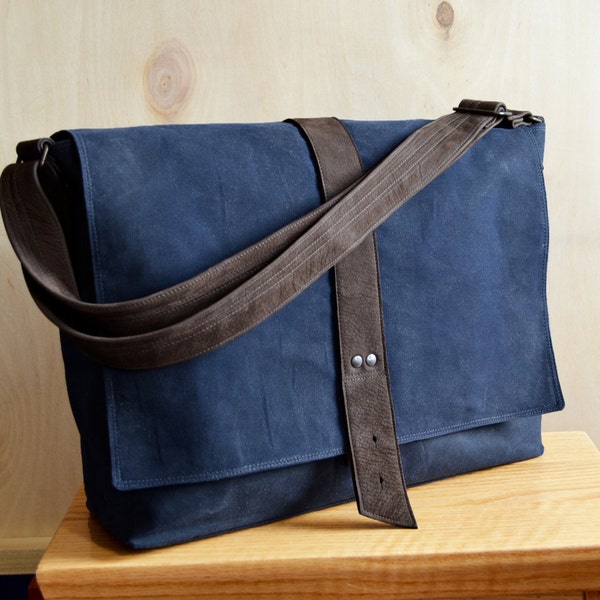 Messenger Bag Men, Waxed Canvas Bag, Field Bag, Laptop Crossbody Shoulder Satchel, Gift for Him - The Sloane Messenger in Navy Blue