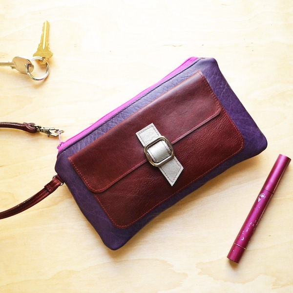 Leather clutch wristlet wallet, fun and fancy little purple purse for women, slim phone and keys bag - The Lulu Wristlet in Purple
