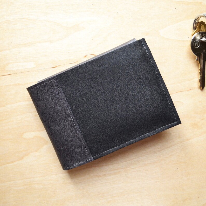Black leather bifold for men, minimalist style wallet with ID pocket, guys classic billfold, gift idea for him The Wesley Wallet in Black image 1