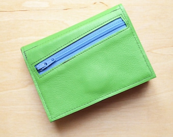 Minimalist Green Leather Wallet for Women, Trifold Card Cash Wallet with Coin Pocket, Unique Gift Idea for Her - The Frances in Lime Green