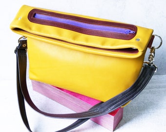Womens Yellow Leather Bag, Minimalist Style Purse with Zippers - The Abby Crossbody Satchel in Mustard Yellow