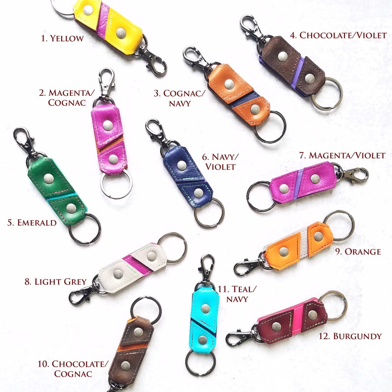 key latch in Chocolate Brown and Violet by Lolafalk unisex style at any age chic handmade leather key fob Leather key clasp and ring