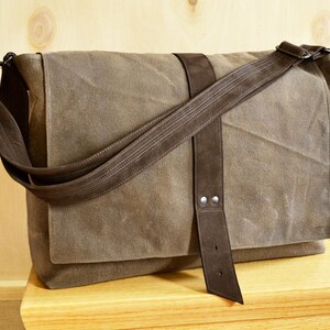 Messenger bag for men, waxed canvas laptop bag for work, lightweight crossbody commuter bag The Sloane Messenger Bag in Khaki Brown image 1