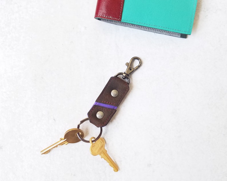 key latch in Chocolate Brown and Violet by Lolafalk unisex style at any age chic handmade leather key fob Leather key clasp and ring