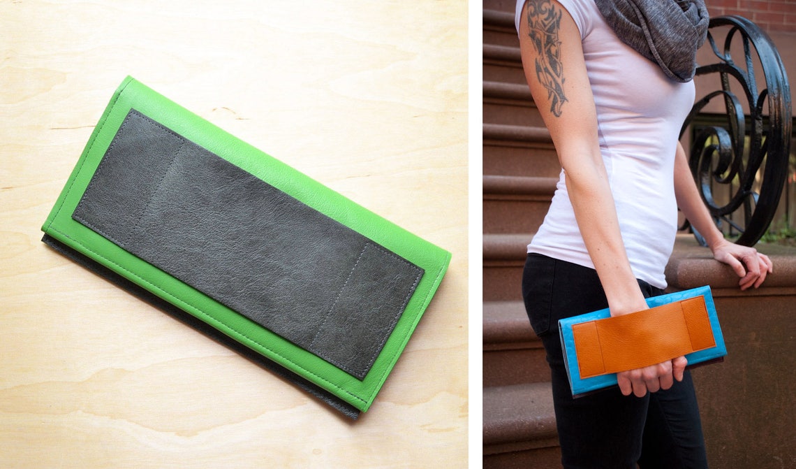 Leather Clutch Wallet With Phone Pocket Slim Travel Organizer Etsy