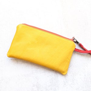 Sunny yellow leather wristlet purse with front pocket and strap, cute gift for wife, girlfriend, mom or sis The Lulu Bag in Lemon Yellow image 3