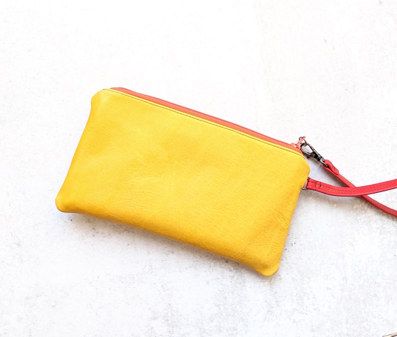 Sunny yellow leather wristlet purse with front pocket and strap, cute gift for wife, girlfriend, mom or sis The Lulu Bag in Lemon Yellow image 3