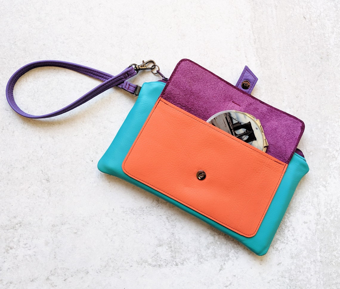 Teal Blue Bold and Bright Womens Leather Clutch With Wristlet - Etsy