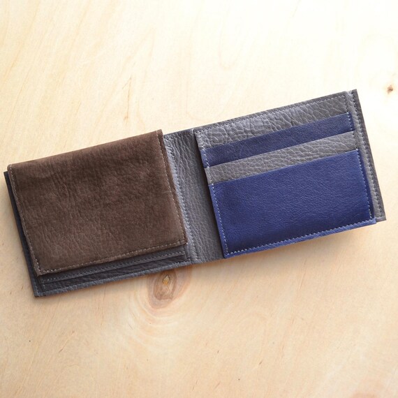 Bifold Leather Wallet for Men Navy Leather ID Holder Billfold 