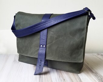 Waxed Canvas Messenger Bag for Men or Women, Minimalist Crossbody Laptop Satchel, Computer Bag - The Sloane in Hunter Green and Royal Blue