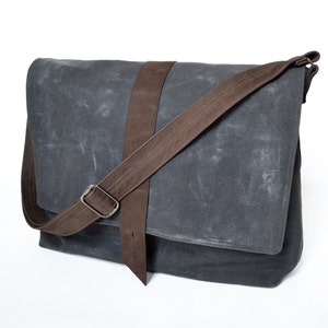 Waxed canvas bag man, mens messenger laptop bag, crossbody wax professional satchel, guys commuter work bag The Sloane in Charcoal Grey image 1