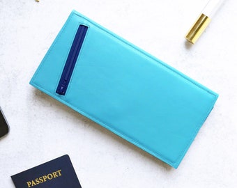 Leather Wallet Clutch Woman, Long Travel Wallet, Blue Passport Organizer with Phone Pocket, Unique Gift - The Stella Wallet in Teal
