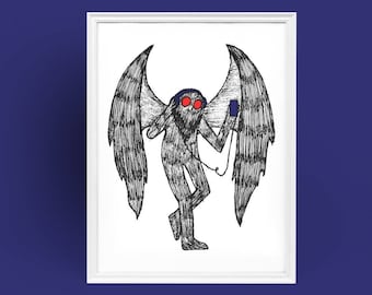 Affiche Mothman, Affiche drôle, Mothman portant des écouteurs, Décoration murale, Nouveauté, Drôle, Affiche, Cadeau, Fan Art, Affiche, Art mural, Casque