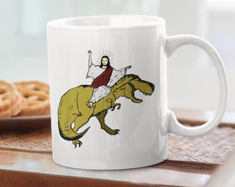 Jesus On A TRex Mug, Jesus Christ, TRex, Mug, Gift, Sarcastic Coffee Cup, Christian, REX, Coffee Mug, Novelty, God, Jesus FAN mug, Dinosaur