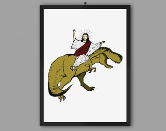 Jesus Riding A T-Rex poster, Funny Poster, Jesus FAN, Wall Decor, Novelty, Funny, Poster, Gift, Fan Art, Wall Art, Jesus FAN, Dinosaur, REX