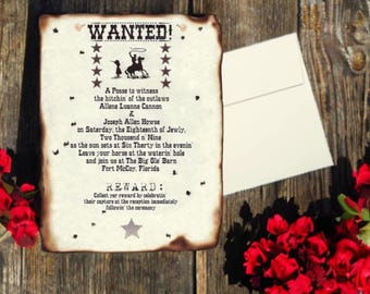 Invitaciones de boda con pergaminos antiguos del Salvaje Oeste, invitaciones de boda con pergaminos antiguos, póster de "Se busca", póster de "Se busca" para boda de vaqueros del oeste