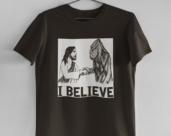 Jesus Bigfoot I BELIEVE t-shirt Sasquatch Funny gift Christian tee vintage yeti mens cool tshirt black white comic graphic tee shirts