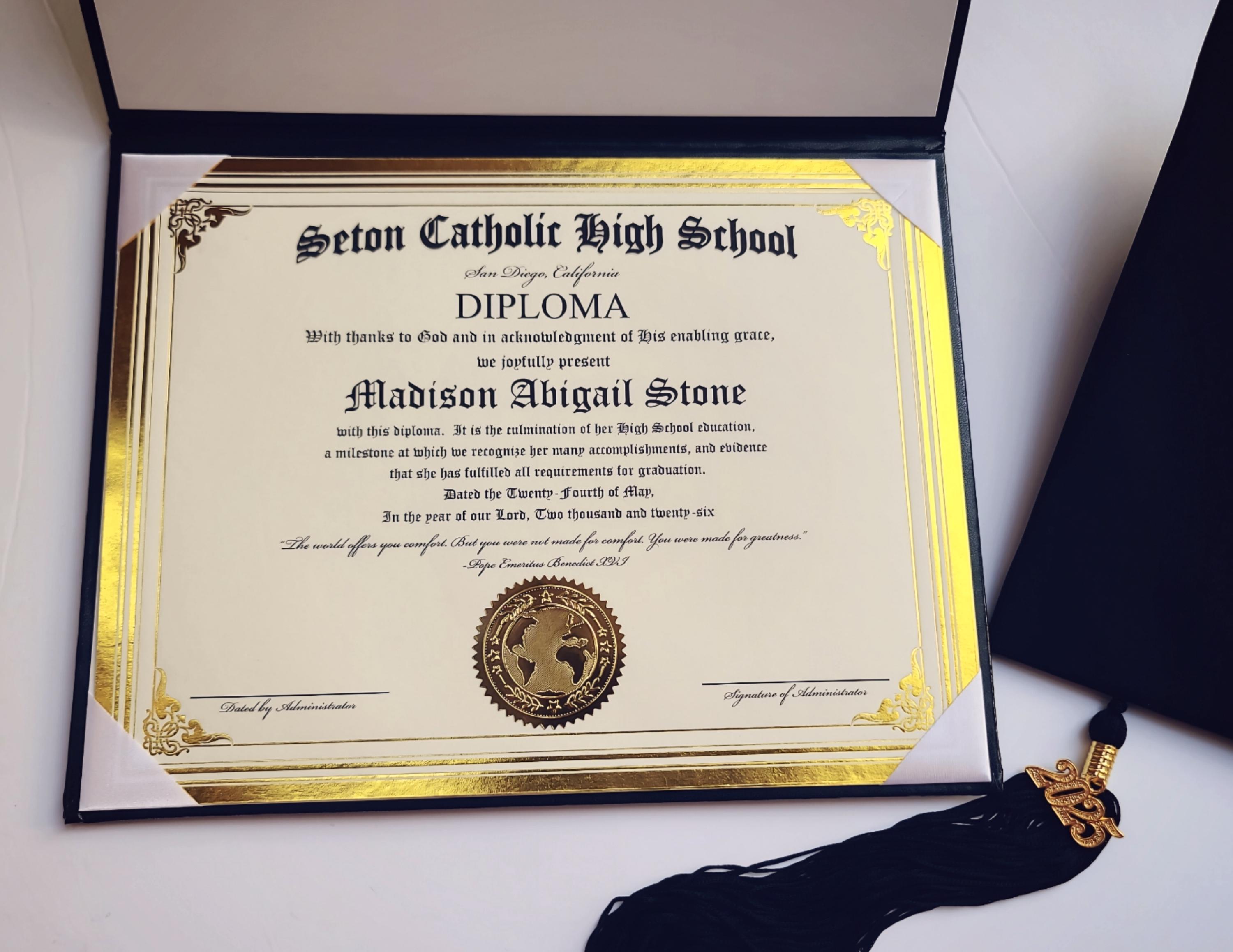 Custom High School NOVELTY Home School Diploma PHYSICAL COPY embossed gold seal Graduation Certificate Keepsake personalized w Diploma Cover