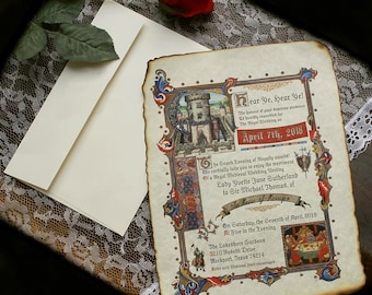 Invitaciones de boda medievales renacentistas con pergaminos antiguos, famosos pergaminos antiguos, invitaciones de boda de Cenicienta, castillo antiguo noble real con