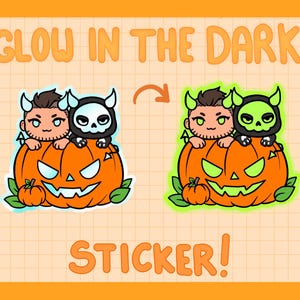 May include: Glow-in-the-dark sticker featuring two cartoon characters, one with a skull mask and the other with a pumpkin, sitting on a pumpkin. The sticker says "Glow in the Dark" and "Sticker!"