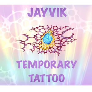 May include: An advertisement for a temporary tattoo. The design is an abstract eye shape with a blue centre and a spiky border. The text "JAYVIK TEMPORARY TATTOO" is in purple, set against a pastel background.