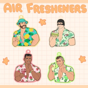 May include: Four air freshener charms featuring men in tropical shirts with different drinks. The charms are on a white and orange grid background.  "AIR FRESHENERS" is written in black at the top of the image.