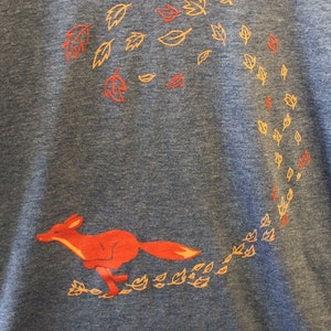 XLarge Mens Unisex Graphic T Shirt - Gray - Fox Flight - Fox and Leaves Tee Shirt Design by Karen Watkins