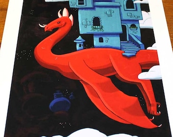Art Prints - Moving Tower - Artwork by Karen Watkins 8x10 - Pop Surreal Fantasy Wall Art - Dragon Home Decor