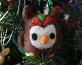 Owl Felt Christmas Ornament - Needle Felted Owl Ornaments for the Christmas Holiday Tree by Karen Watkins