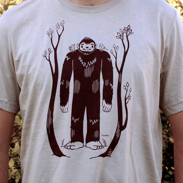 Small Mens T-Shirt - Bigfoot and Woodland Animal Friends Design Graphic - Sasquatch Tee Shirt Sizes Men Unisex