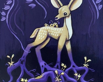 Original Art -  Acrylic Painting Wall Art on Wood Panel by Karen Watkins - Deer Fantasy Surreal Woodland Art