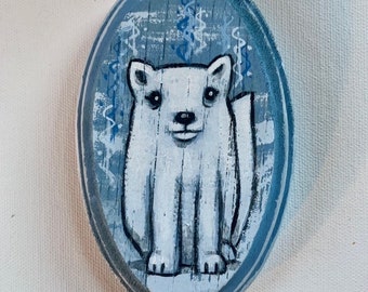 Arctic Fox Art - Small Original Wall Art Acrylic Painting on Wood by Karen Watkins