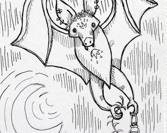 Bat Familiar Ink Drawing – Original Art on Bristol Board, 4x6