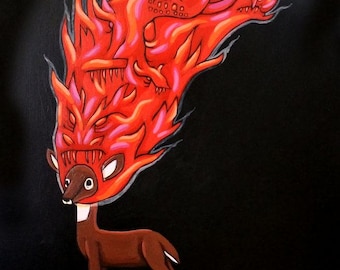 Art Prints - Artwork by Karen Watkins 8x10 with Deer - Pop Surrealism Woodland Animal Wall Art - Home Decor