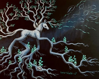 Original Art -  Acrylic Painting Wall Art on Wood Panel by Karen Watkins - Horse Fantasy Surreal Woodland Art