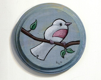 White Bird - Small Original Wall Art Acrylic Painting on Wood by Karen Watkins - Miniature Artwork