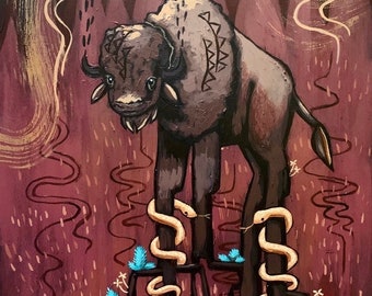 Original Art -  Acrylic Painting Wall Art on Wood Panel by Karen Watkins - Buffalo Southwestern Fantasy Surreal Woodland Art