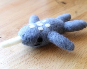 Needle Felted Gray Narwhal Soft Whale Figurine - Made to Order - Felt Narwhal Figure - Narwhal Art Doll - Felt Whale Sculpture