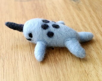 Needle Felted Blue Narwhal Soft Sculpture Whale Figurine - Blue Felt Narwal - Narwhal Art Doll - Made to Order