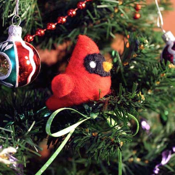 Felted Red Cardinal Christmas Ornament - Made to Order - Felt Bird Ornament - Woodland Animal Felted Christmas Ornament