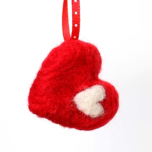 Needle Felted Valentines Day Heart Decoration Miniature Ornament - Felt Hearts - Felted Valentine - Red and White Heart - Made to Order