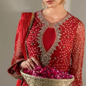 Ruby Royale Handmade Chiffon Chunari Pakistani 3-Piece Suit | Embroidered Formal Dress with Silk Dupatta