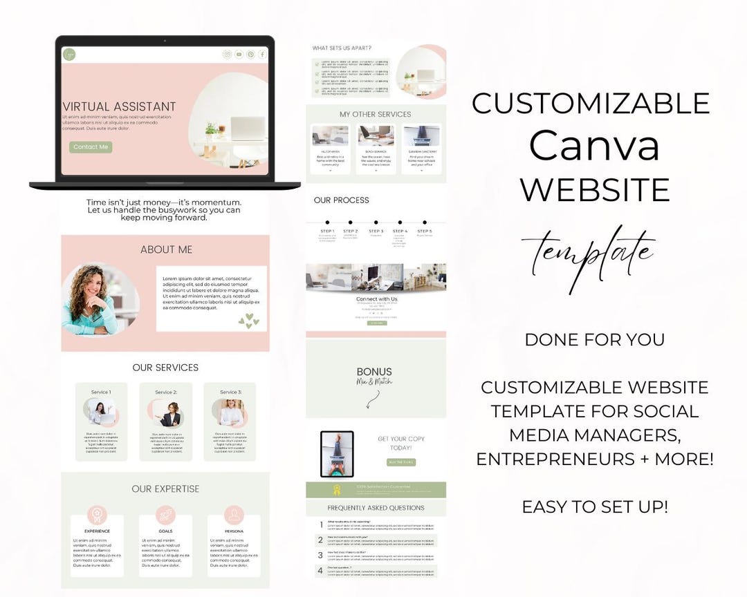 Virtual Assistant Canva Website Template | Pink & Green Editable Layout ...