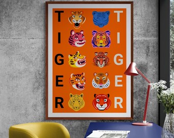 Eclectic Tiger Heads Poster: Colorful Wild Cat Art (Digital Download)