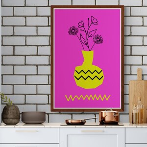 Jarrón minimalista con flores amarillas, dibujo lineal, impresión digital, arte mural